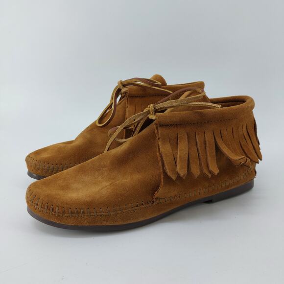 Minnetonka Moccasins Suede Booties Fringe Lace Up Sz 9.5 Boho Western - Picture 12 of 12
